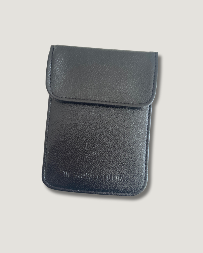 Tan Faraday pouch blocking RFID signals