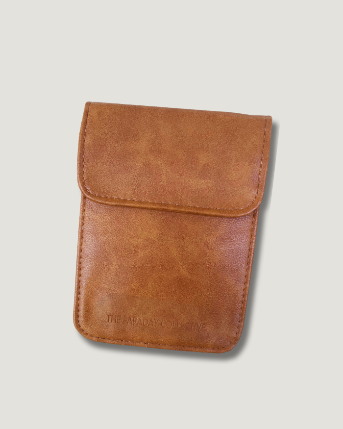 Tan Faraday pouch blocking RFID signals, protecting privacy and wireless theft