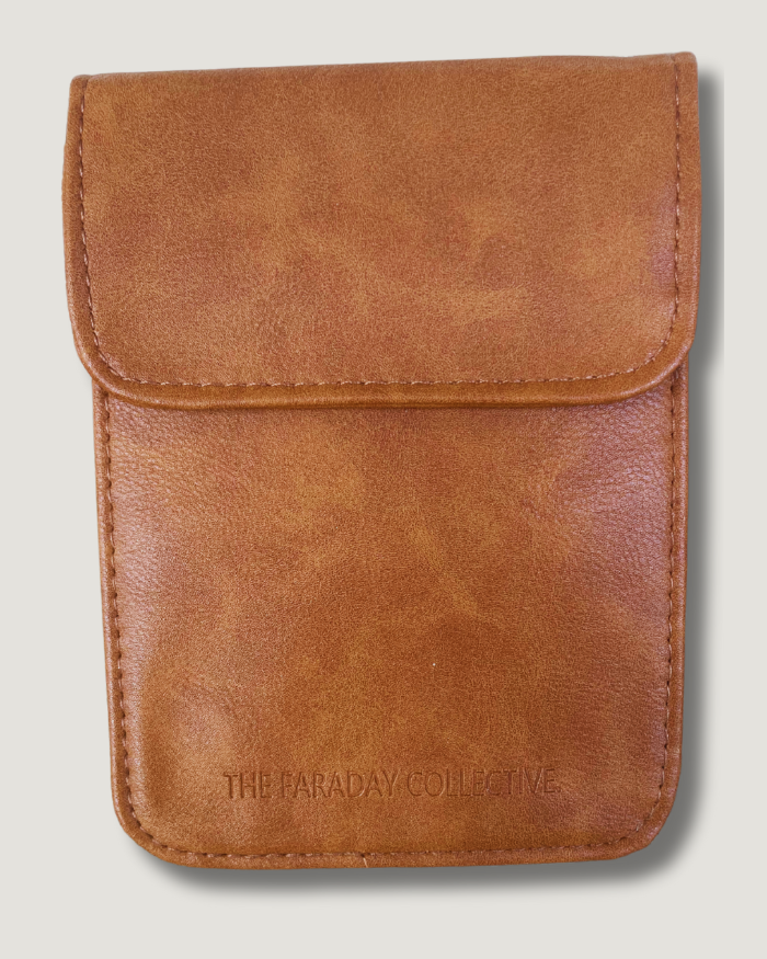 Tan Faraday pouch blocking RFID signals, protecting privacy and wireless theft