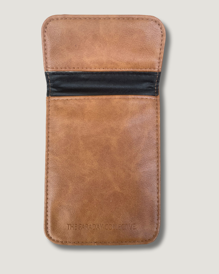 Tan Faraday pouch blocking RFID signals, protecting privacy and wireless theft