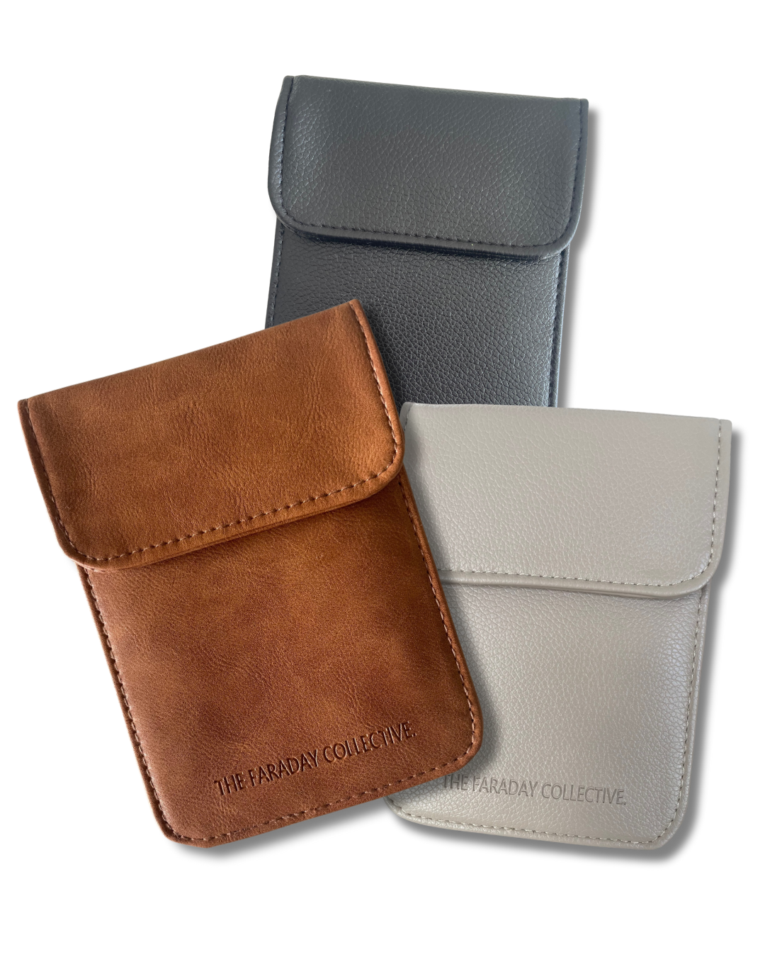 Brown, Black and taupe leather look  pouch with  branding on a light gray background. Blocks RFID, EMF, wireless signals and more