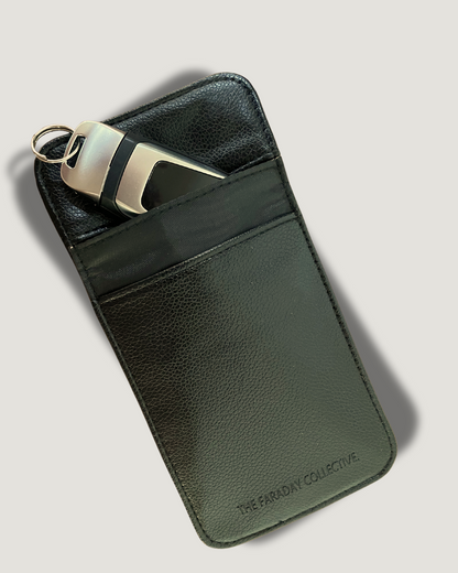 Tan Faraday pouch blocking RFID signals