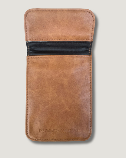 Tan Faraday pouch blocking RFID signals, protecting privacy and wireless theft