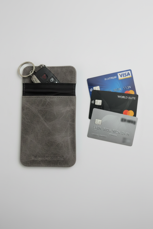 Grey Pouch - Cards & Key Fob Flat Lay